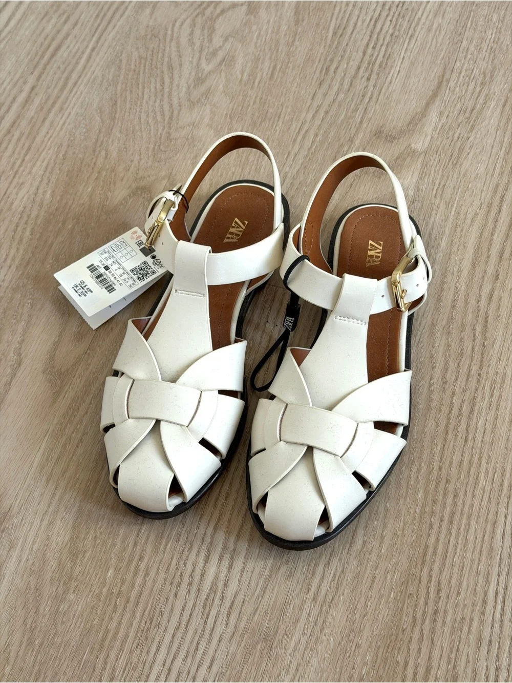 ZARA Size 37 Cream Woven Fisherman Sandals With Gold Buckle - Picture 2 of 6